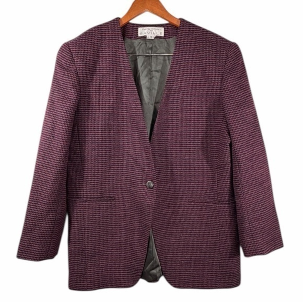 Rena Rowan for Saville Wool Blazer Women 14 Burgundy Micro Houndstooth jacket